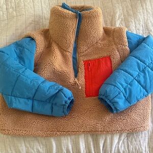 FP Movement by Free People Tan Fleece Pullover with Blue Sleeves and Red Pocket